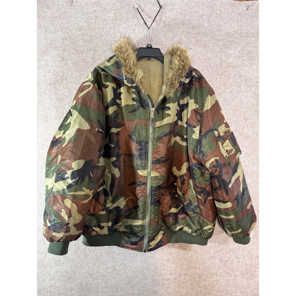 Mens XL Woodland Camo Bomber Jacket Faux Fur Hood Insulated Y2K Style Military